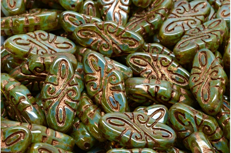 Arabesque Beads, Opal Aqua Travertin Bronze Lined (61100-86800-54317), Glass, Czech Republic