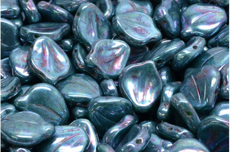 Peony Petal Beads, Opaque Green Nebula (53130-15001), Glass, Czech Republic