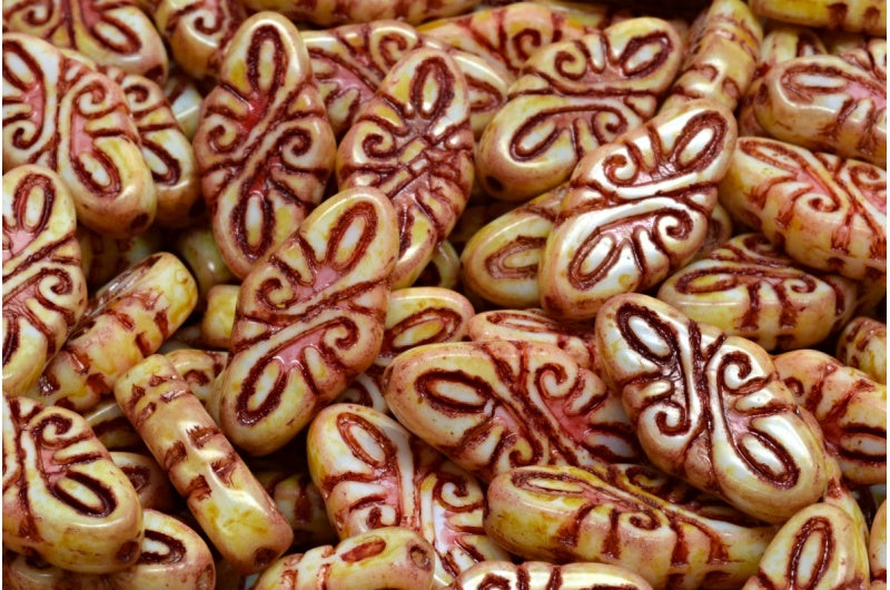 Arabesque Beads, White Travertin Red Lined (02010-86800-54314), Glass, Czech Republic