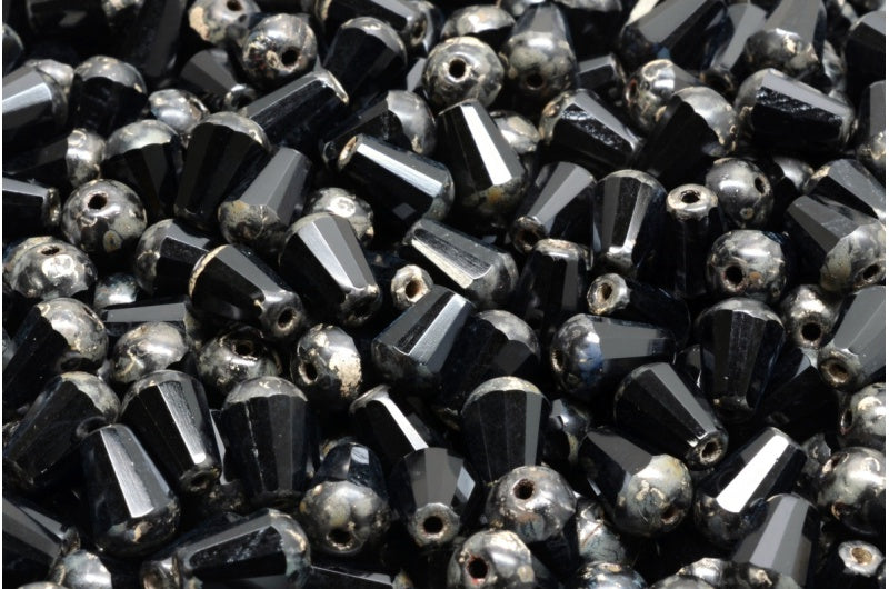 Faceted Fire polished Teardrop Beads, Black Stain Silver (23980-65400), Glass, Czech Republic