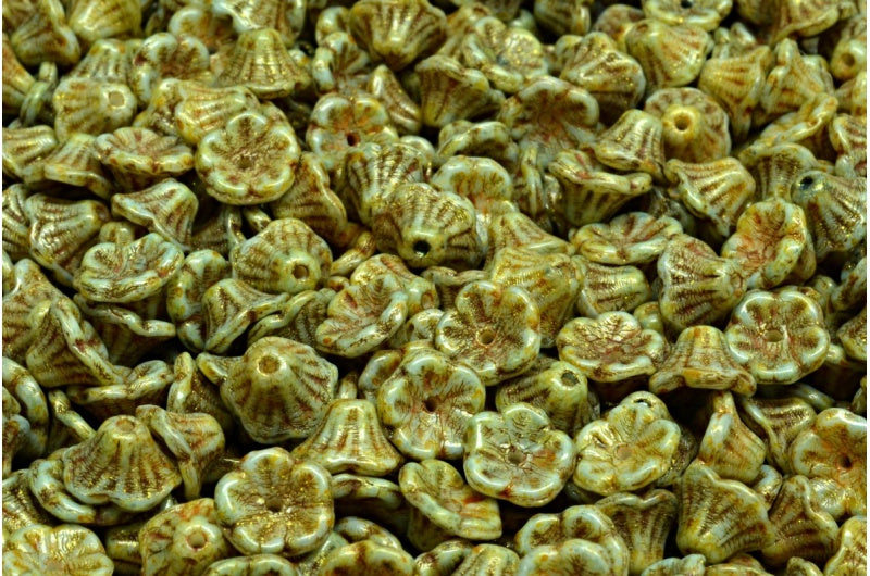 ベルフラワーカップビーズ、白茶色光沢斑点(02010-65326)、ガラス、チェコ共和国