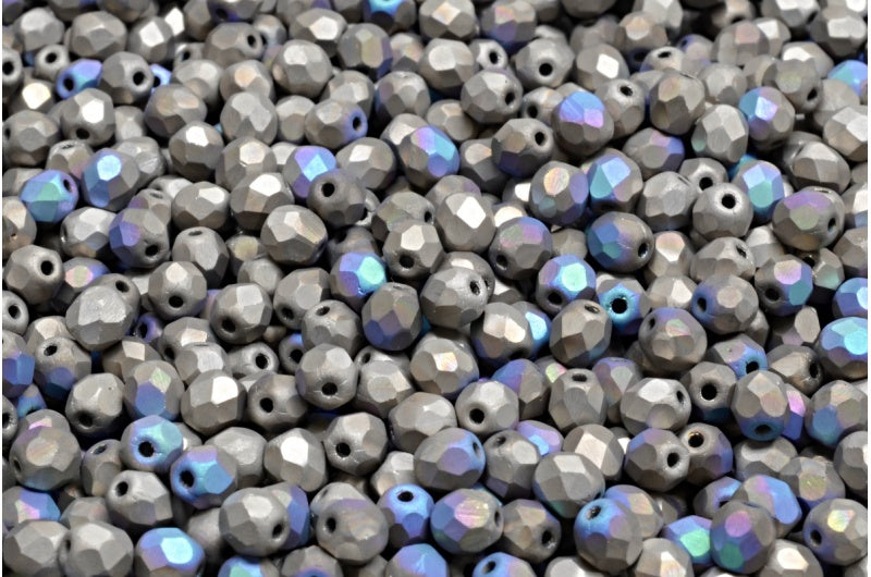 Faceted Round Fire Polished Beads, Crystal Matte Silver Gold (00030-84100-98554), Glass, Czech Republic