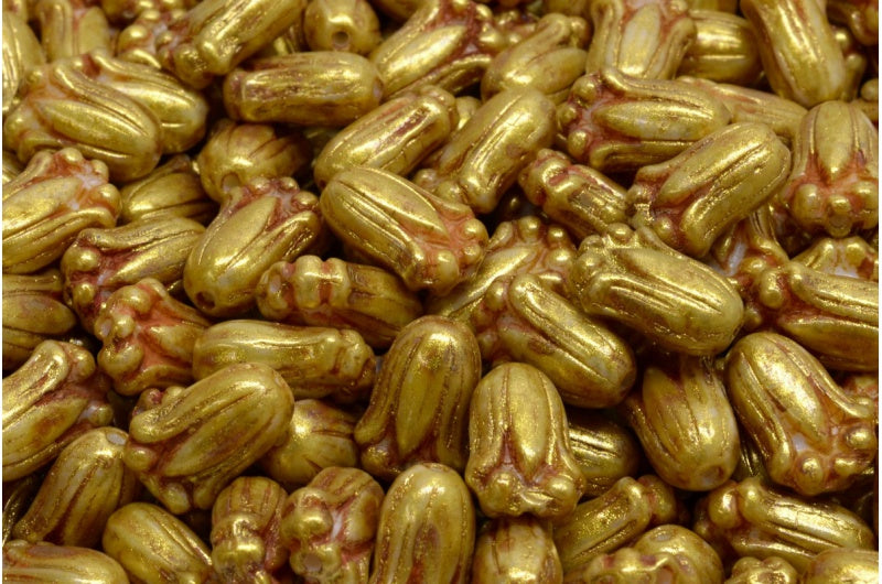 Tulip Bud Beads, White Gold Luster Spotted (02010-65322), Glass, Czech Republic