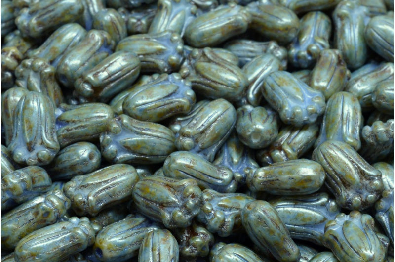 Tulip Bud Beads, White Green Luster Spotted (02010-65325), Glass, Czech Republic