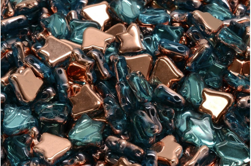 2穴フラットチューリップベルビーズ、透明アクアローズゴールドカプリ(60020-27101)、ガラス、チェコ共和国