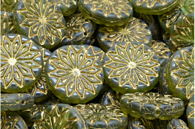 Origami Flower Beads, Transparent Green Gold Lined (50230-54302), Glass, Czech Republic