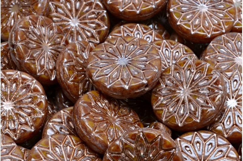 Origami Flower Beads, Beige Picasso Copper Lined (11111-43400-54324), Glass, Czech Republic