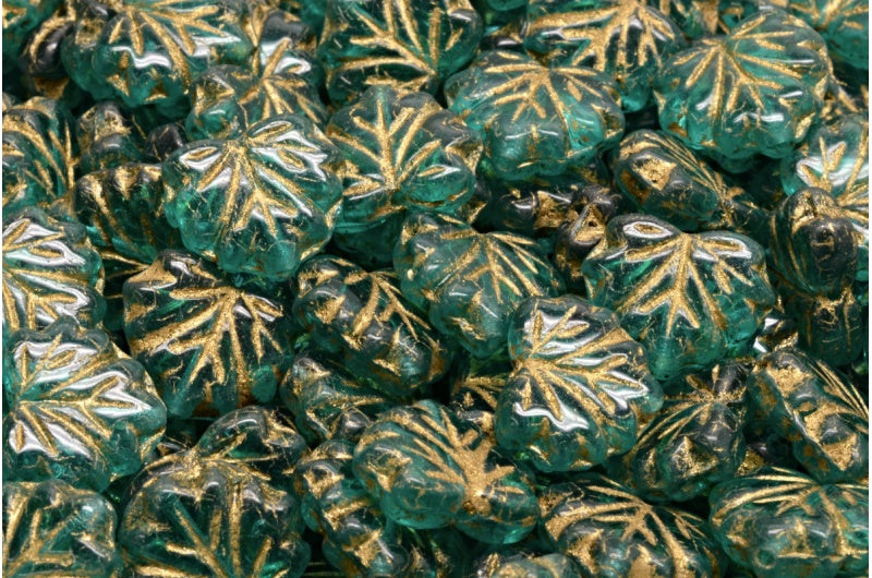 メープルリーフビーズ、透明アクアゴールドライン(60220-54302)、ガラス、チェコ共和国