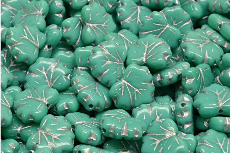 メープルリーフビーズ、ターコイズシルバーライン(63130-54301)、ガラス、チェコ共和国