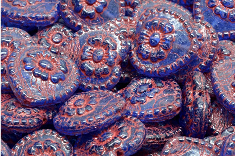 バラのハートビーズ、コバルトレッドライン(30050-54310)、ガラス、チェコ共和国