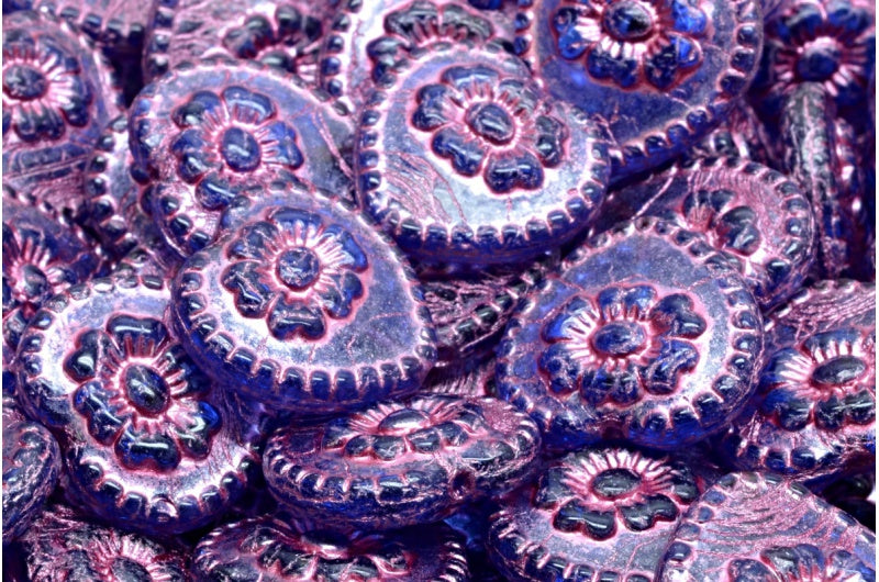 バラのハートビーズ、コバルトピンクのライン入り(30050-54321)、ガラス、チェコ共和国