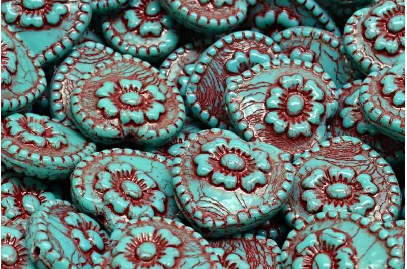 バラのハートビーズ、ターコイズレッドのライン入り(63140-54314)、ガラス、チェコ共和国