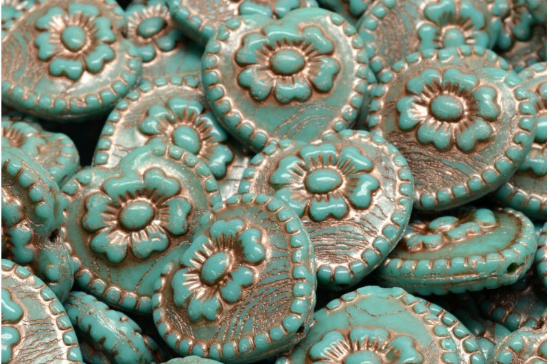 ローズ柄ハートビーズ、ターコイズ銅線入り(63140-54324)、ガラス、チェコ共和国
