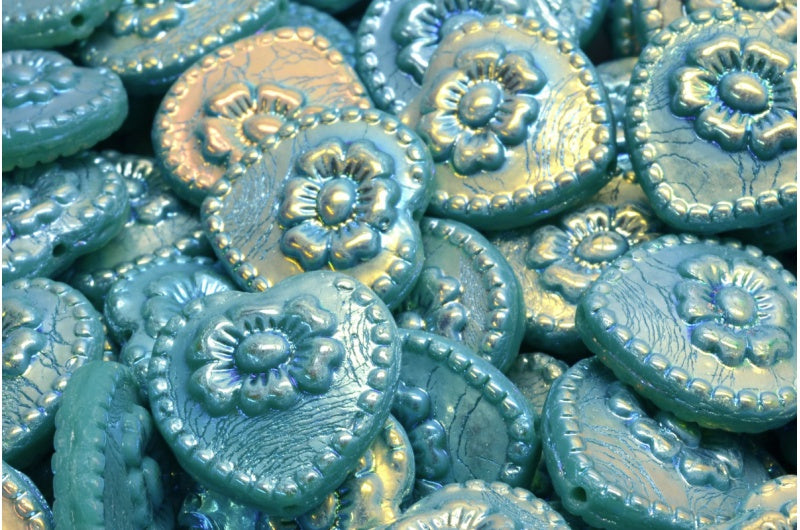 ローズ付きハートビーズ、ターコイズアブフル(2Xサイド)(63140-28703)、ガラス、チェコ共和国