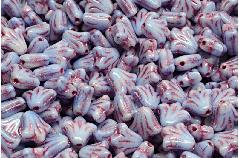 ユリの花のビーズ、ライトスカイブルーピンクのライン入り(07314-54321)、ガラス、チェコ共和国