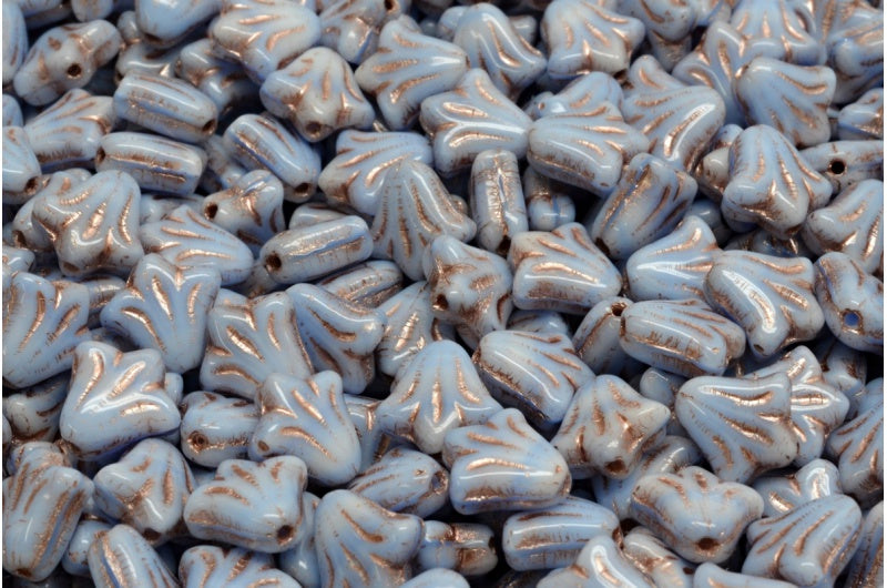 ユリの花のビーズ、ライトスカイブルーの銅の裏地付き(07314-54324)、ガラス、チェコ共和国