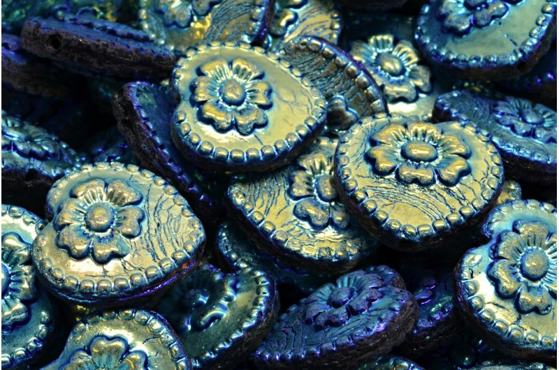 ローズ付きハートビーズ、ブラックアブフル(2Xサイド)(23980-28703)、ガラス、チェコ共和国