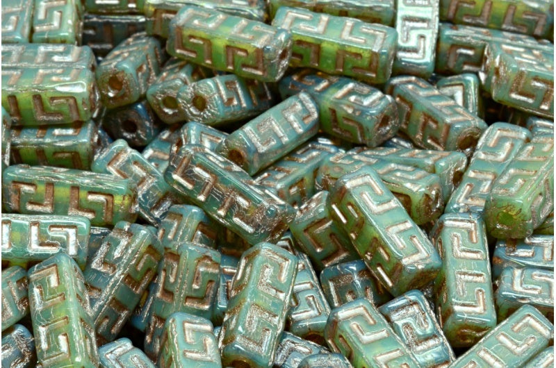 ケルトブロックビーズ、オパールグリーンラスターレッドフルコーティング銅ライニング(51000-14495-54324)、ガラス、チェコ共和国