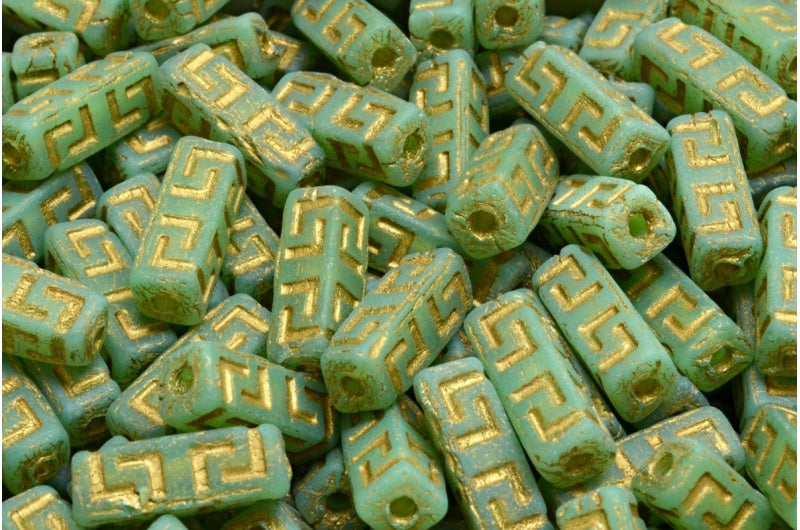 ケルトブロックビーズ、オパールグリーンマットゴールドライン(51000-84100-54302)、ガラス、チェコ共和国