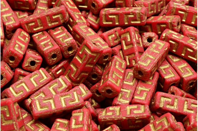 ケルトブロックビーズ、不透明レッドマットゴールドライン(93200-84100-54302)、ガラス、チェコ共和国
