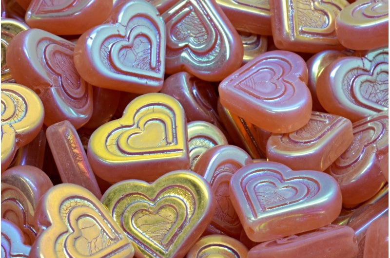 Heart In Heart Beads, Opal Pink Ab Full (2X Side) (71010-28703), Glass, Czech Republic