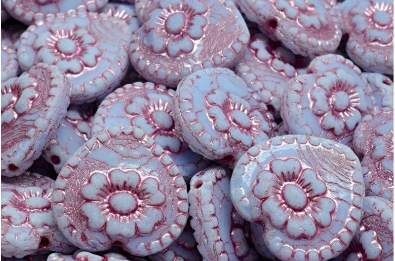 Heart Beads With Rose, Light Blue Pink Lined (33000-54321), Glass, Czech Republic