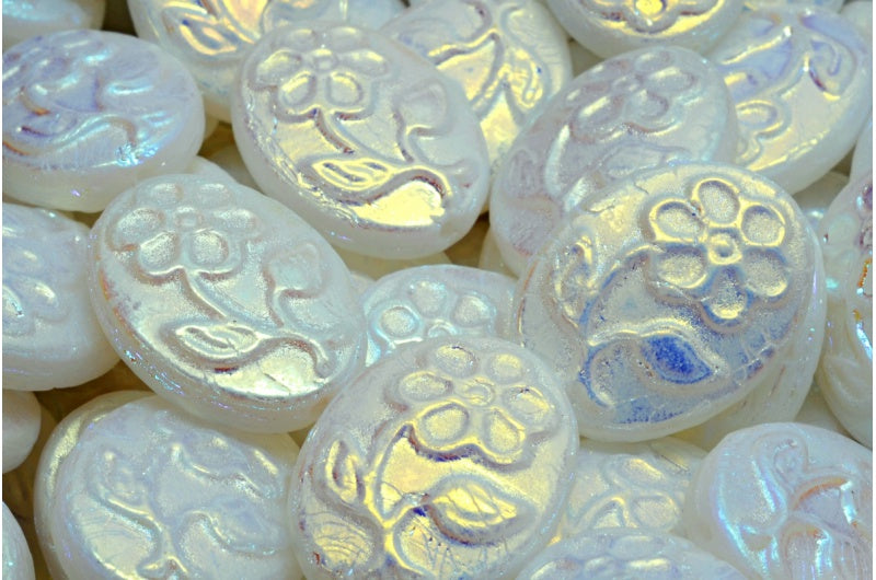 Oval With Flower Beads, White Ab Full (2X Side) (02010-28703), Glass, Czech Republic