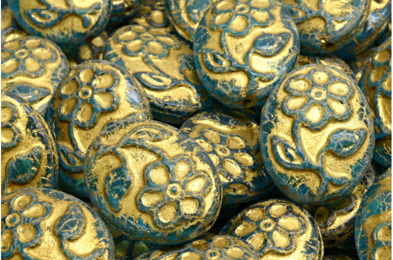 椭圆形花珠,透明水金色内衬 (60020-54302),玻璃,捷克共和国