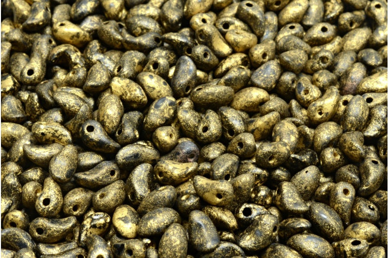 Lily Petal Beads, Black Etched Gold Lined (23980-etch-54302), Glass, Czech Republic