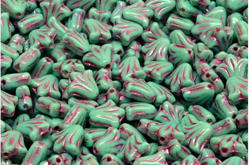 ユリの花のビーズ、ターコイズピンクのライン入り(63130-54321)、ガラス、チェコ共和国