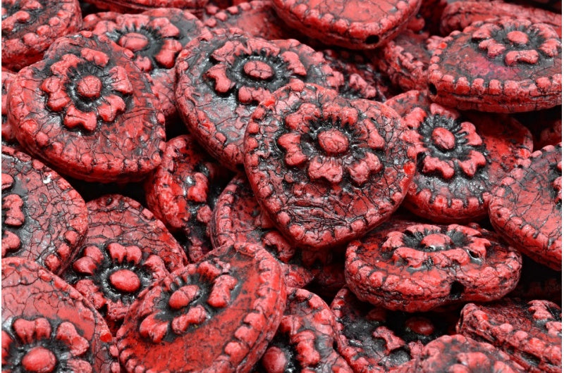 Heart Beads With Rose, Opaque Red Etched Black Lined (93200-etch-46441), Glass, Czech Republic