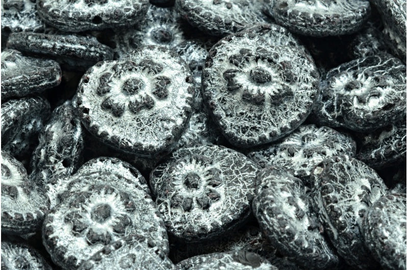 バラ付きハートビーズ、ブラックエッチングシルバーライン(23980-etch-54301)、ガラス、チェコ共和国