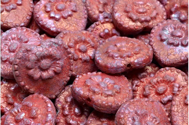 バラ付きハートビーズ、不透明レッドエッチング星雲(93200-etch-15001)、ガラス、チェコ共和国