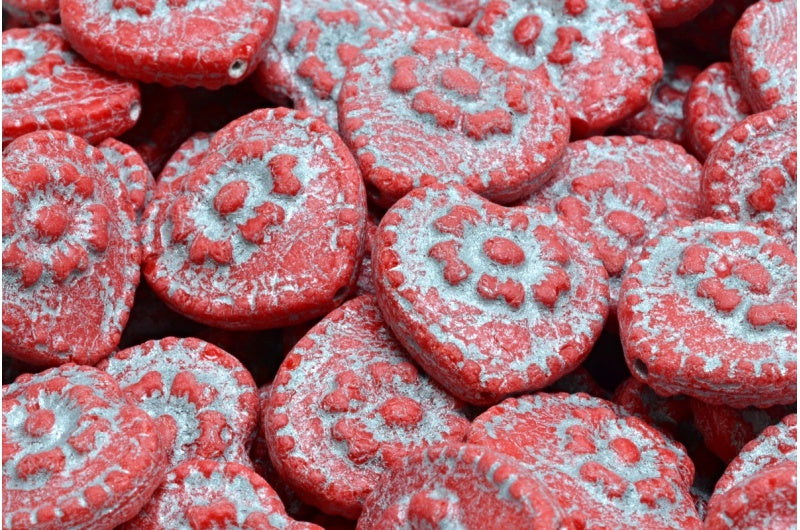 Heart Beads With Rose, Opaque Red Etched Silver Lined (93200-etch-54301), Glass, Czech Republic