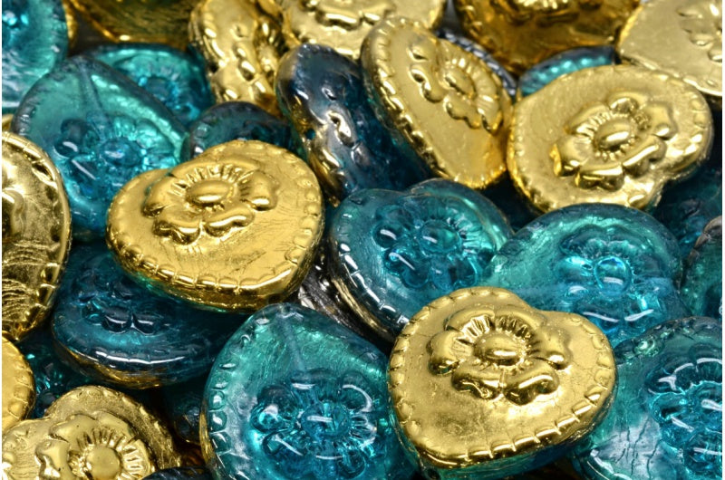 バラのハートビーズ、透明アクアゴールド(60010-26441)、ガラス、チェコ共和国