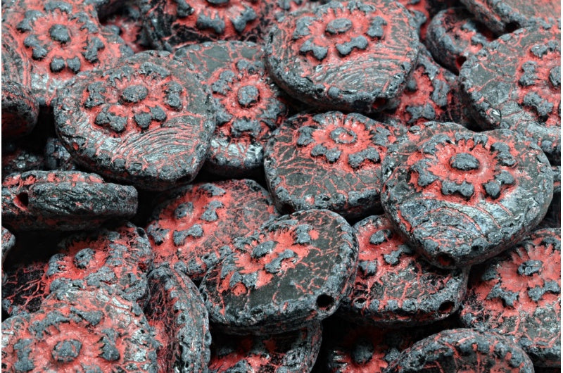 バラ付きハートビーズ、黒エッチング、赤ライン入り(23980-etch-54310)、ガラス、チェコ共和国