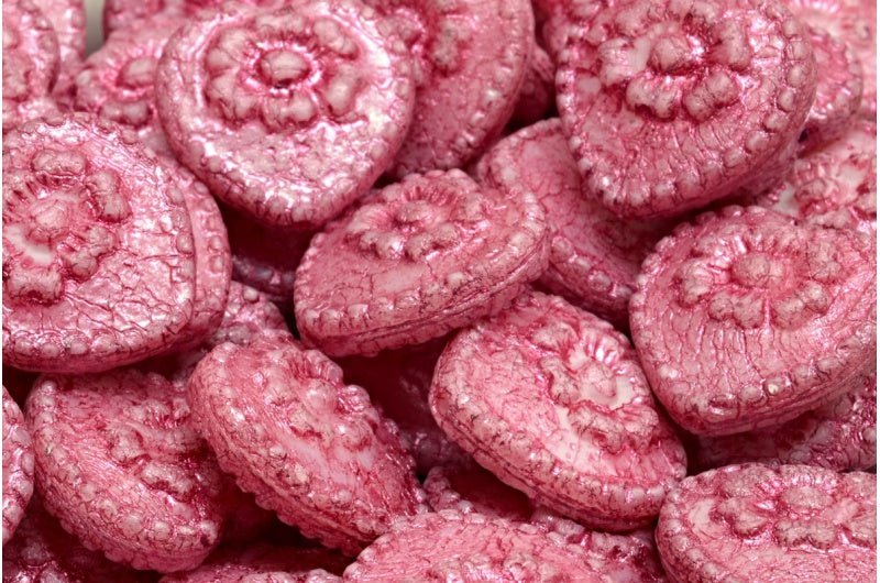 Heart Beads With Rose, Gray Etched Pink Lined (83500-etch-54321), Glass, Czech Republic