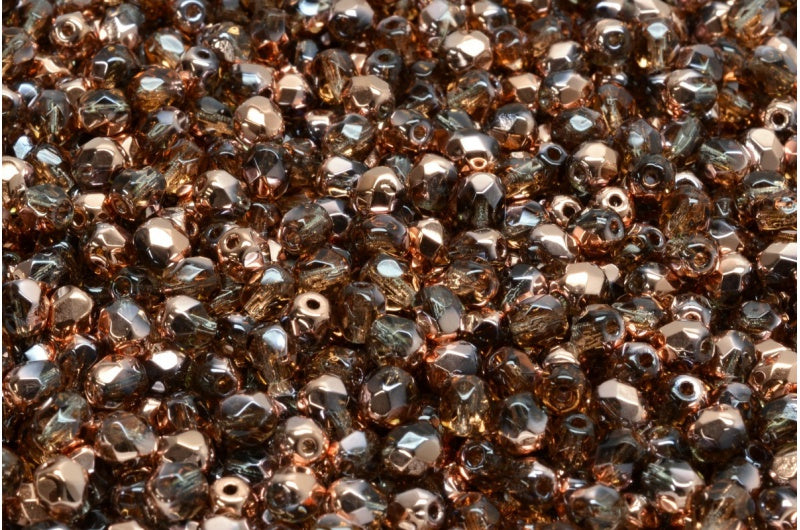 ファイアポリッシュファセットビーズラウンド、グレーローズゴールドカプリ(40010-27101)、ボヘミアクリスタルガラス、チェコ共和国