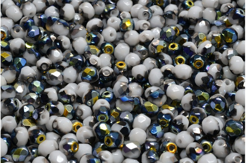 ファセット加工ラウンドビーズ、チョークホワイトボルケーノ(03000-28001)、ボヘミアクリスタルガラス、チェコ共和国