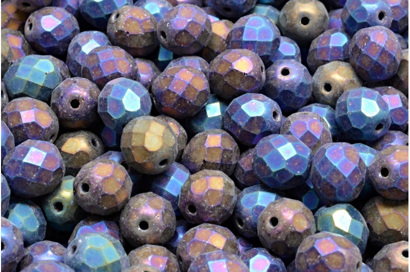 Fire Polished Faceted Beads Round, Black Matte Blue Iris (23980-84100-21435), Bohemia Crystal Glass, Czech Republic