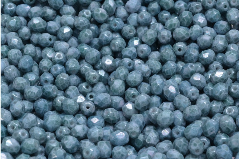 ファセット加工ビーズラウンド、チョークホワイトマーブルブルーグリーン(03000-15425)、ボヘミアクリスタルガラス、チェコ共和国