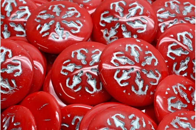 Snowflake Cabochon Beads, Opaque Red Silver Lined (93200-54301), Glass, Czech Republic