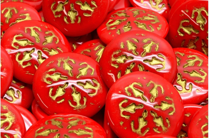 スノーフレークカボションビーズ、不透明レッドゴールドライン(93200-54302)、ガラス、チェコ共和国