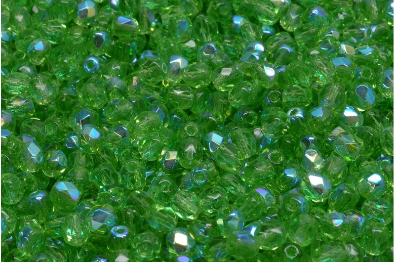 ファセット加工ビーズ ラウンド、透明グリーンAB(50420-28701)、ボヘミアクリスタルガラス、チェコ共和国