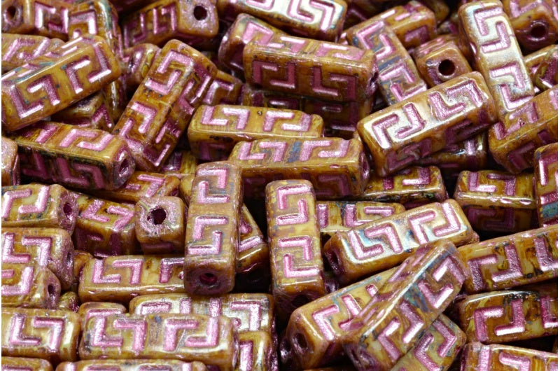 ケルトブロックビーズ、ベージュトラバーチンピンクライン(11111-86800-54321)、ガラス、チェコ共和国