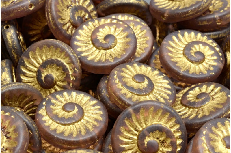 化石シェルビーズ、透明ライトアメジストマットゴールドライン(20040-84100-54302)、ガラス、チェコ共和国