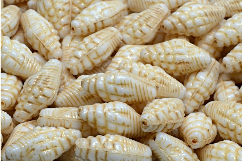 Miter Shell Beads, White Beige Lined (02010-54311), Glass, Czech Republic