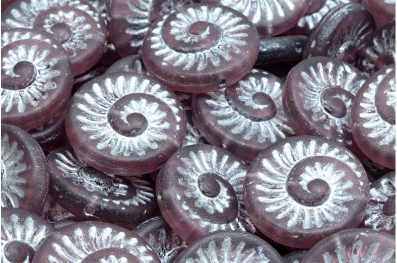 化石シェルビーズ、透明ライトアメジストマットシルバーライン(20040-84100-54301)、ガラス、チェコ共和国