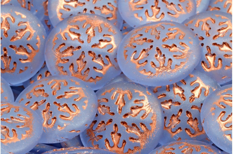 雪花凸圆形珠子,透明蓝色哑光铜内衬 (30010-84100-54319),玻璃,捷克共和国