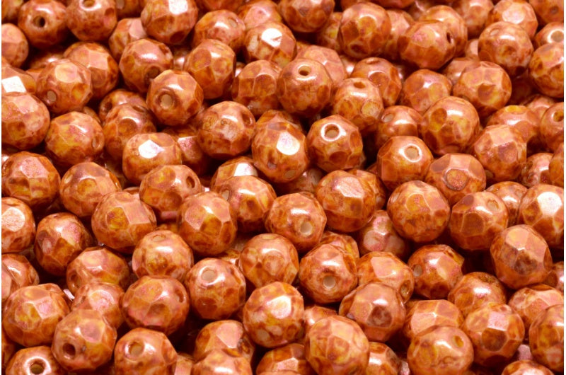 Fire Polished Faceted Beads Round, Chalk White Copper Luster Spotted (03000-65324), Bohemia Crystal Glass, Czech Republic